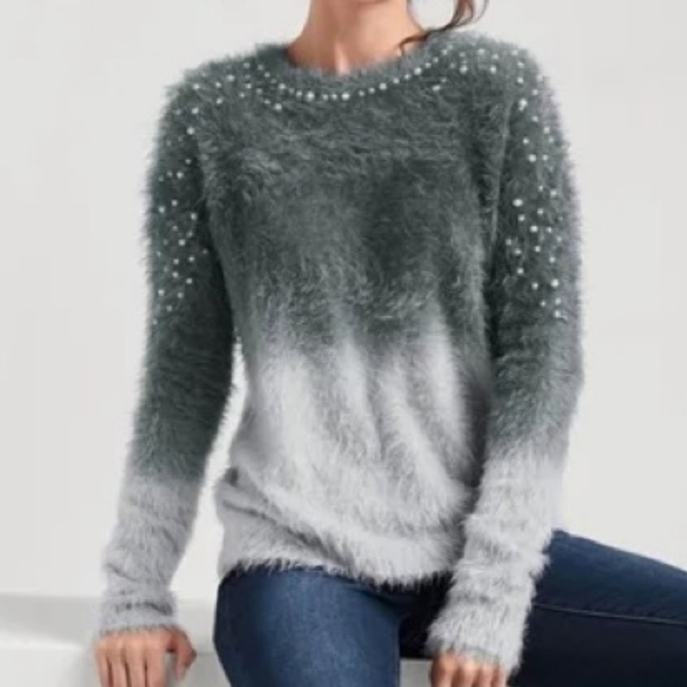 VENUS Blue and White Ombre Sweater W/ Pearls, Sz Med. Super Soft!